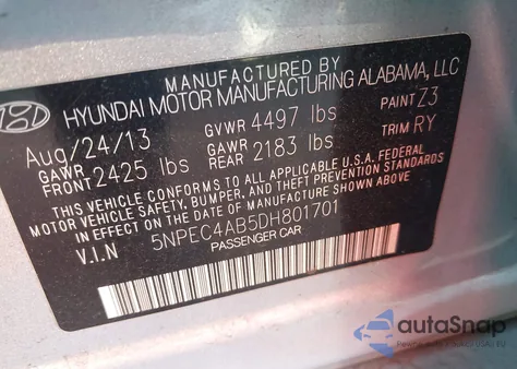 2013 Hyundai Sonata Se/Limited из США, поврежденный, VIN 5NPEC4AB5DH801701